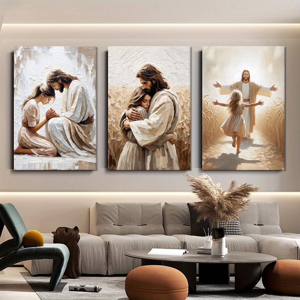 Moderne Minimalistische Religieuze Figuur Decoratieve Schilderijen van Jezus en Biddend Meisje Olieverf Stijl Schilderij op Canvas Woonkamer