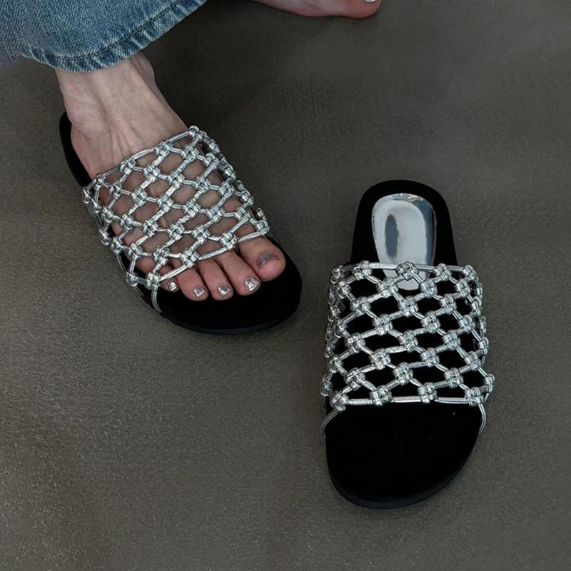 

Sheepskin version~ Hand-woven fishing net hollow thick-soled beach shoes women s soft leather versatile casual round head open-toed sandals 35 серебряный
