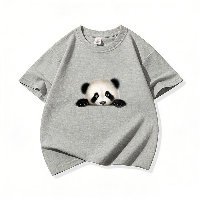 Kids Cotton T Shirt Cute Peeking Panda Print Crew Neck Short Sleeve Tee Casual Breathable Boys Girls Summer Tops