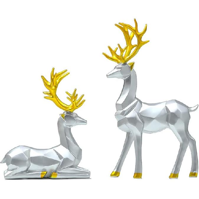 Nordic Resin Geometric Elk Sculpture Sitting Standing Deer Statues Christmas Reindeer Home Decor for Living Room TV Cabinet Wine Cabinet Gifts 2 PCS