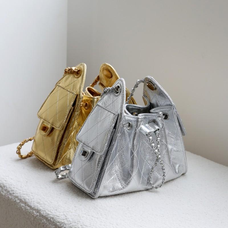 Bolsa de Corrente Rombos Acolchoada Vintage Feminina Couro Genuíno Hobo Ombro Tamanho Médio Dourada