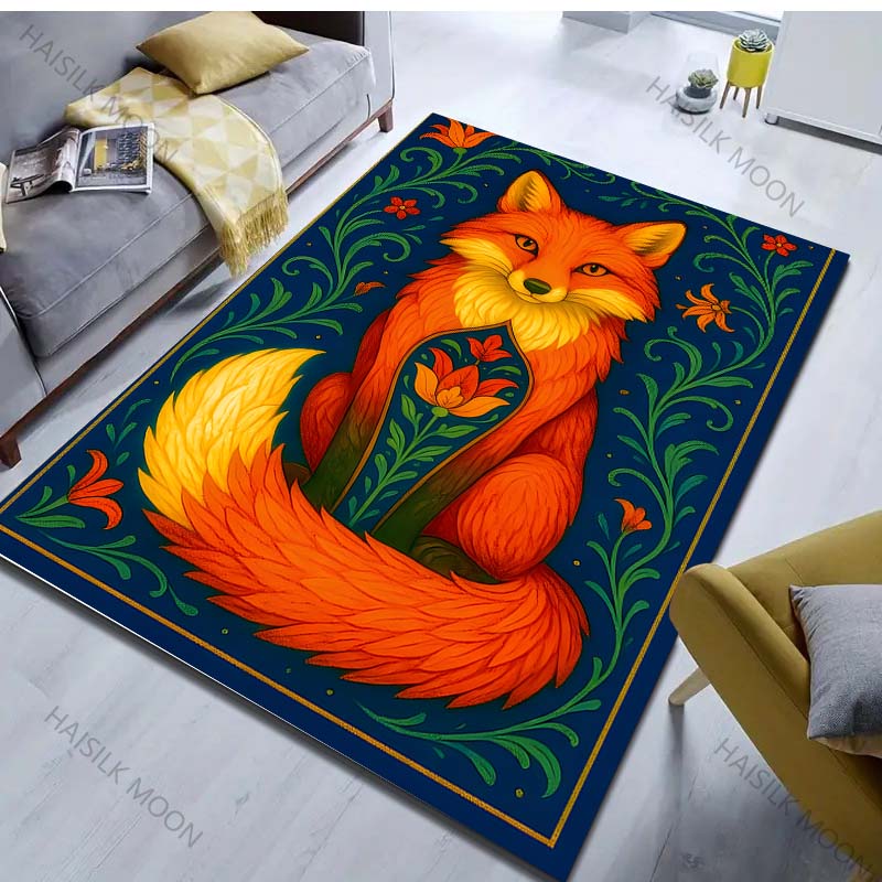 Retro Fox and Flowers Print Carpet for Bedroom Living Room Bedside Sofa Floor Mat Modern Home Decor Area Rug for Gifts
