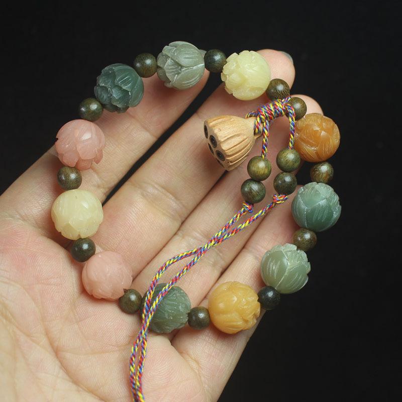 White Jade Bodhi Lotus Bracelet, Lucky Flower Buddhist Prayer Beads, Women’s Wrist Jewelry