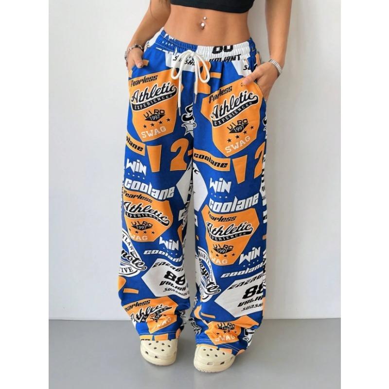 Women Street Hip Hop Style Printed Pocket Loose Casual Wide Leg Long Pants