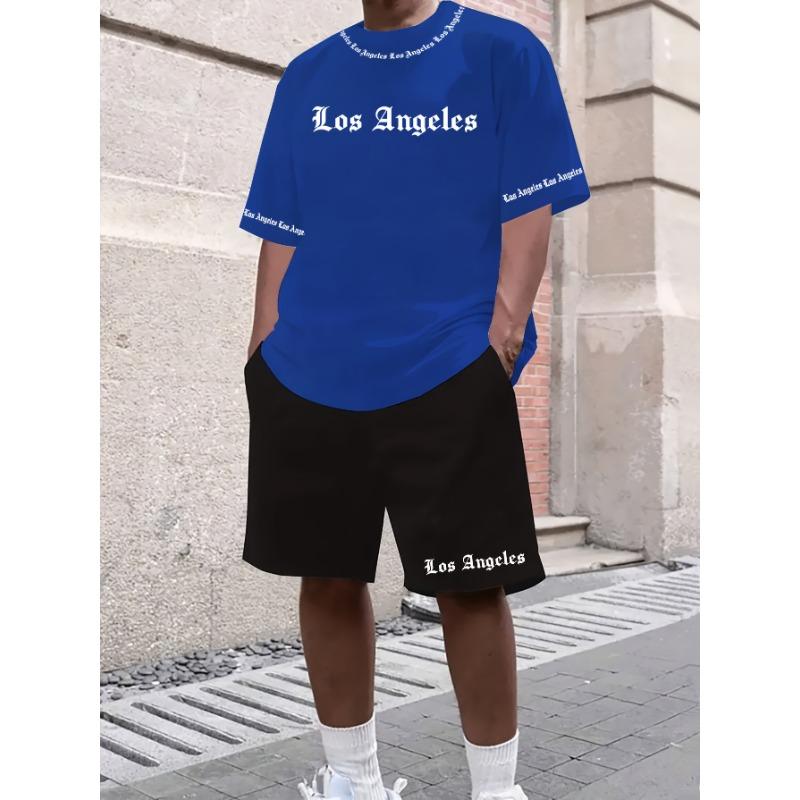 Los Angeles English Letter Pattern Men's Short Sleeved and Shorts Casual Sports Suit