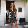 Women's Fashion Casual V-Neck Short Sleeve Drawstring Sequin Printed Dresses