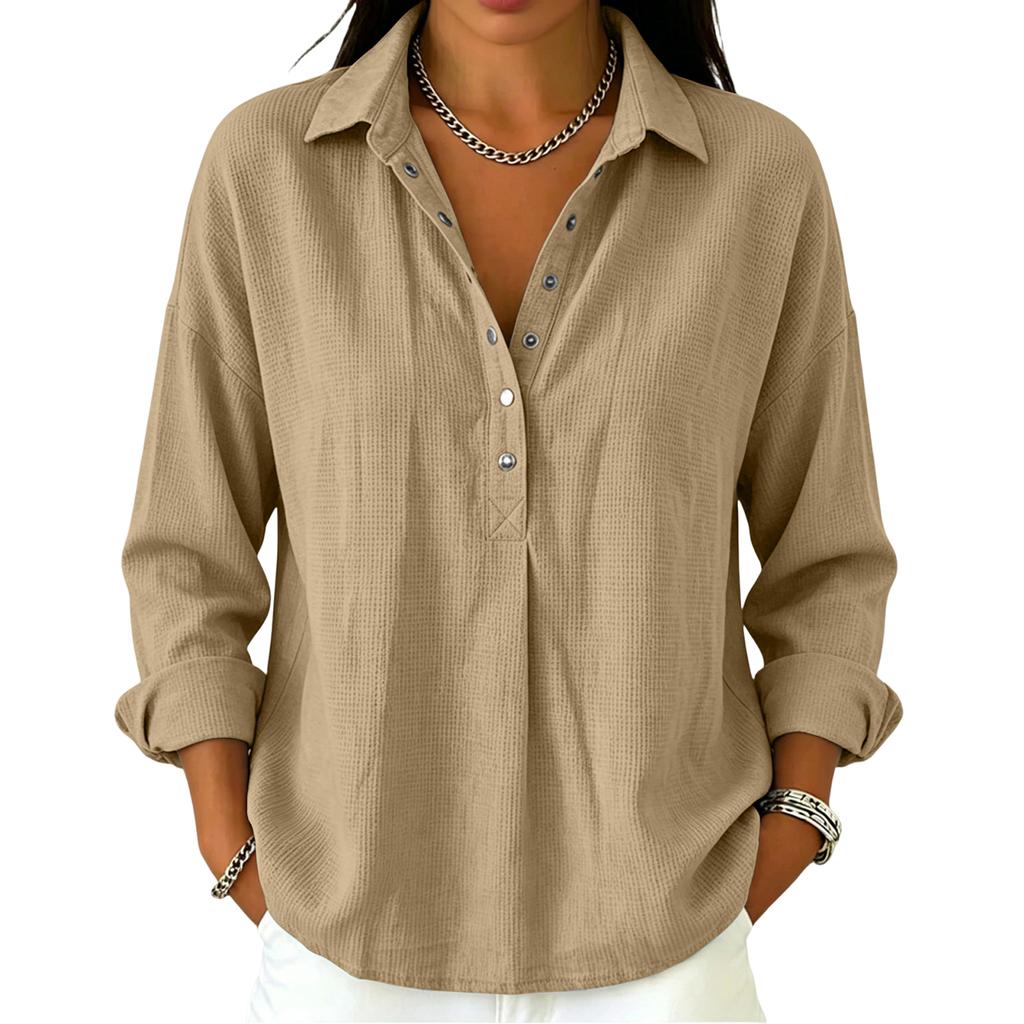 Women's Casual Long Sleeve Polo Shirt Button Front Waffle Texture Pullover Lightweight Relaxed Fit Top for Everyday Wear