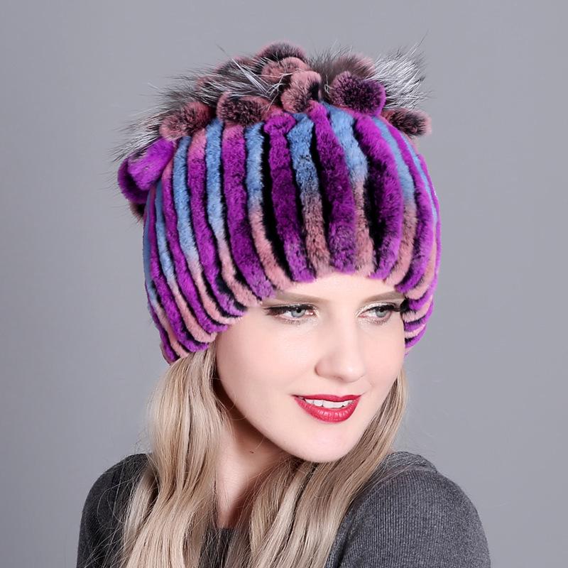 Colorful Rex Rabbit Fur Knitted Women's Warm Winter Hat