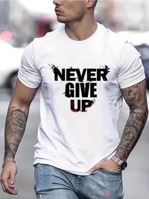 NEVER GIVE UP Printed Men's Summer 100% Pure Cotton Fashionable Casual Sports Loose Round Neck Short Sleeved T-shirt Top