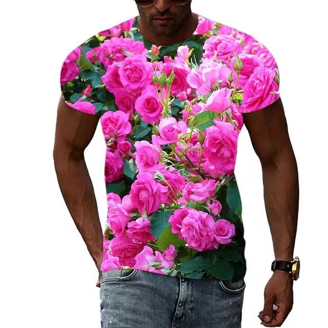 Summer Rose Pattern T-shirt for Men In Large Size Fashionable and Casual Personalized Round Neck Printed T-shirt