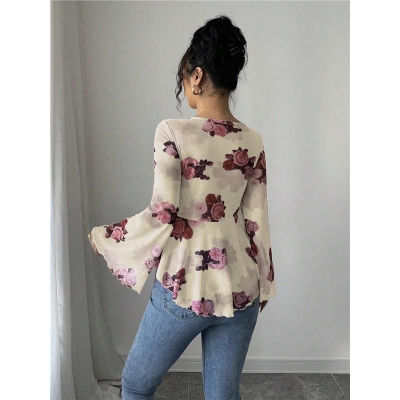 Women's Floral Print Bell Sleeve Peplum Top V Neck Tie Front Blouse