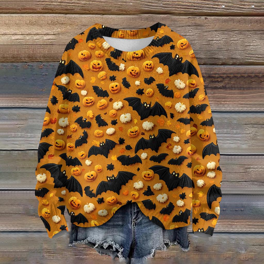 Ladies' Fashionable Casual Long Sleeved Halloween Printed Round Neck Knitted Yarn