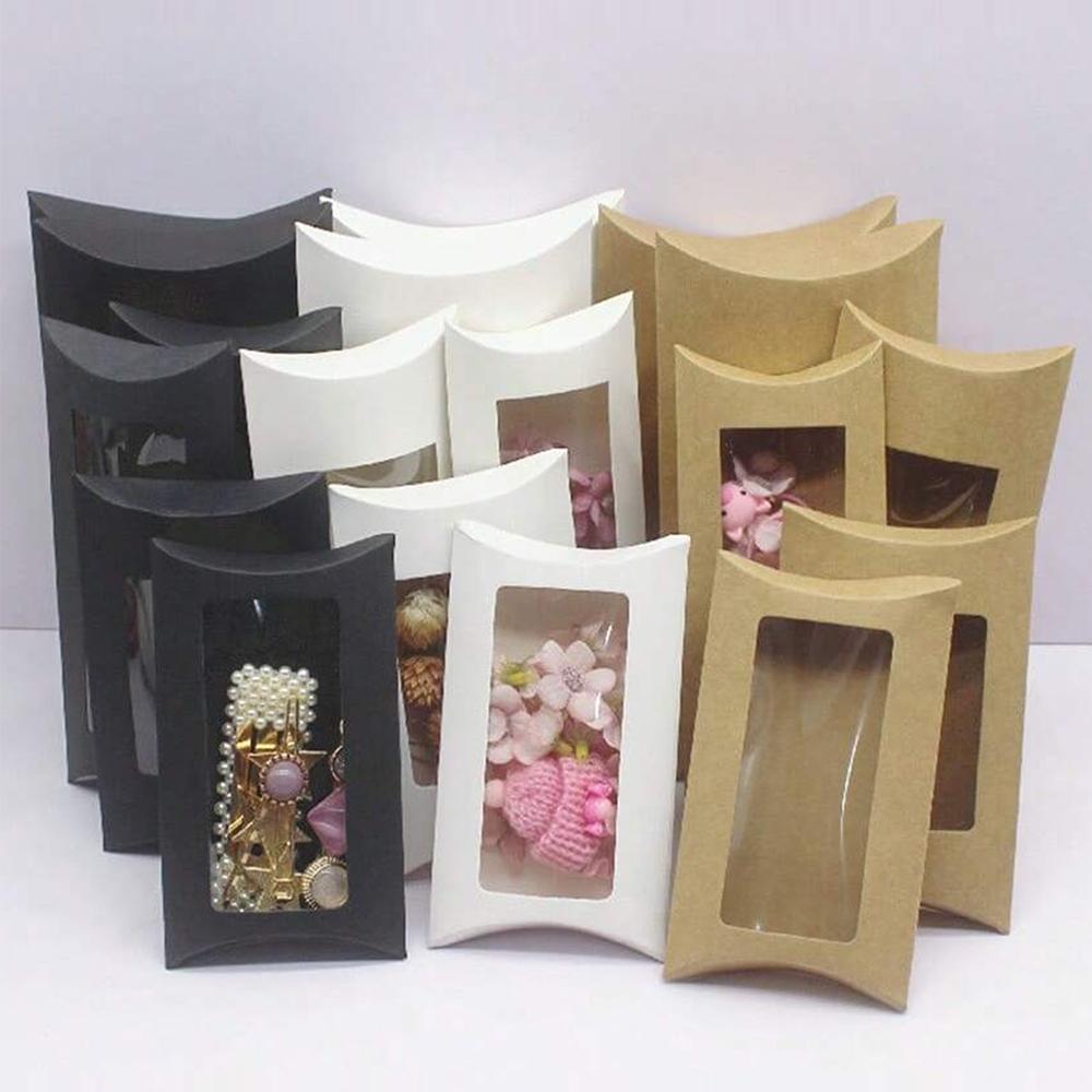 50Pcs Kraft Paper Pillow Box with Clear Window Party Favors Mini Pillow Packaging Box for Candy Chocolate Gift Jewelry Wedding