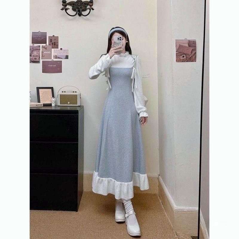 Strickkleid im Vintage-Stil mit Schleife und Zierelementen für lässige Frühlings- und Herbstkleidung