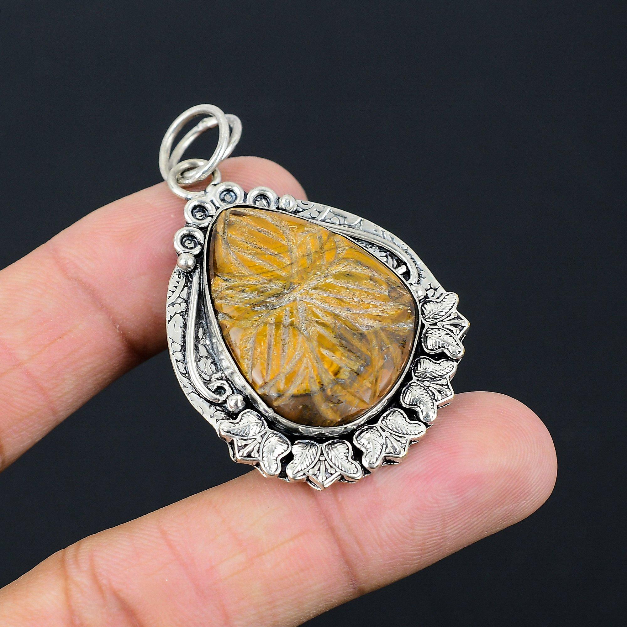 Anniversary Gift For Her Natural Carved Tiger Eye Gemstone Pendant 925 Silver