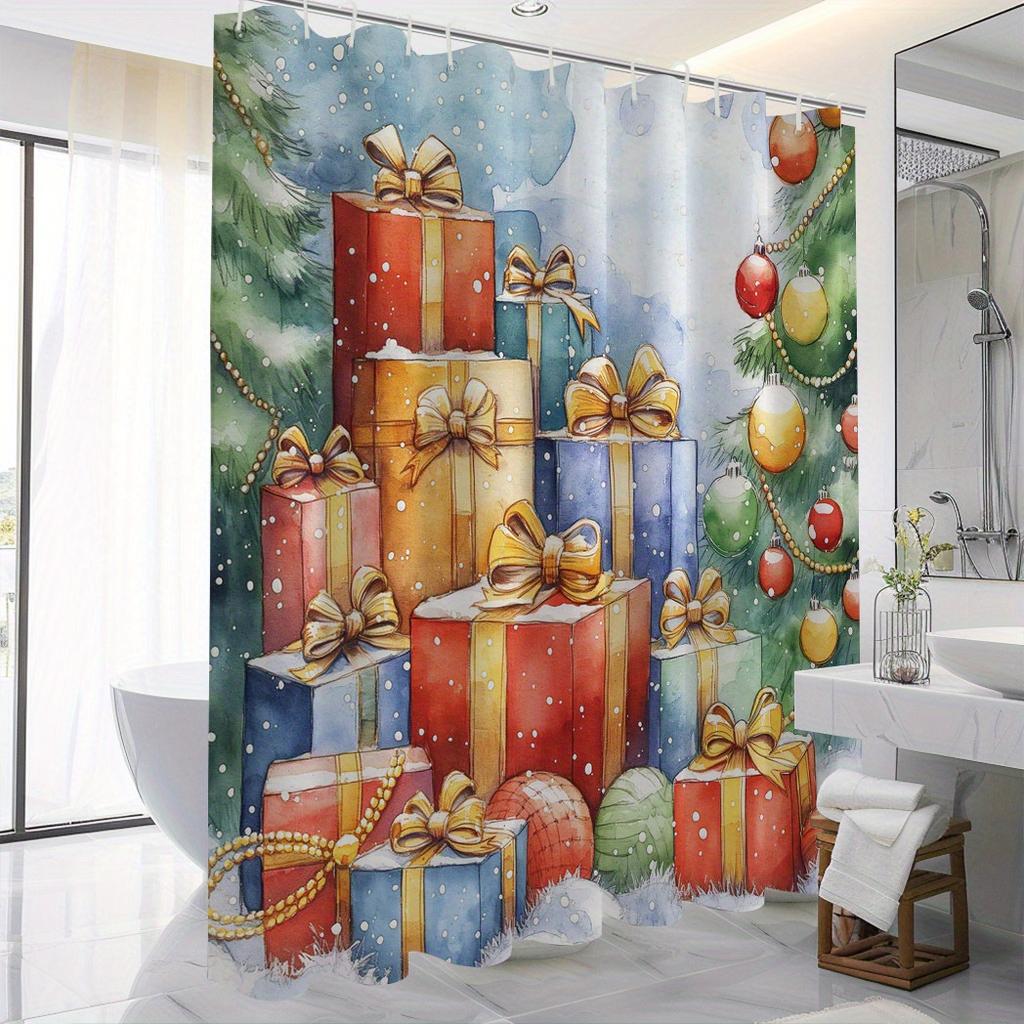 "Yuzhiyu Christmas Gift & Tree Shower Curtain - Polyester, Water-Resistant, 12 Hooks, Machine Washable, Digital Print