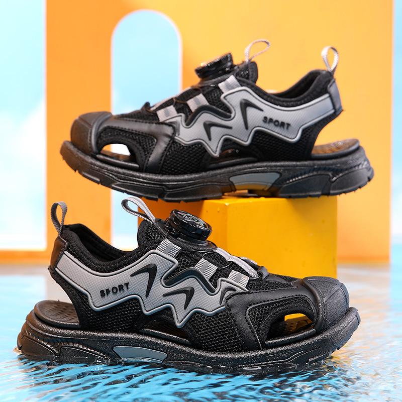 

Children s sandals spring and summer new rotating button fashion boys bag head middle and older children soft-soled sports beach shoes 31 inner length 19.8cm черный серый