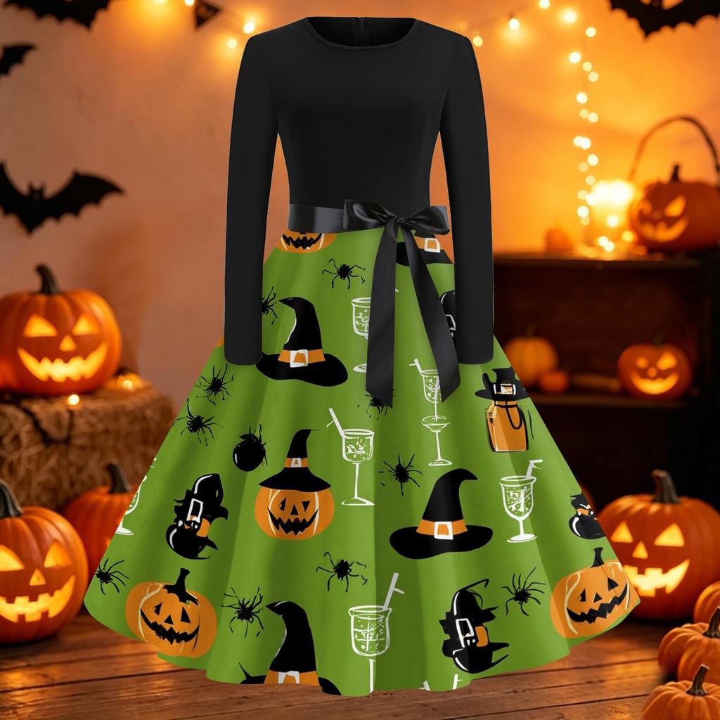 Womens Casual Fit and Flare Dress Long Sleeve Round Neck Halloween Print Dress with Flared Skirt and Waist Tie Belt