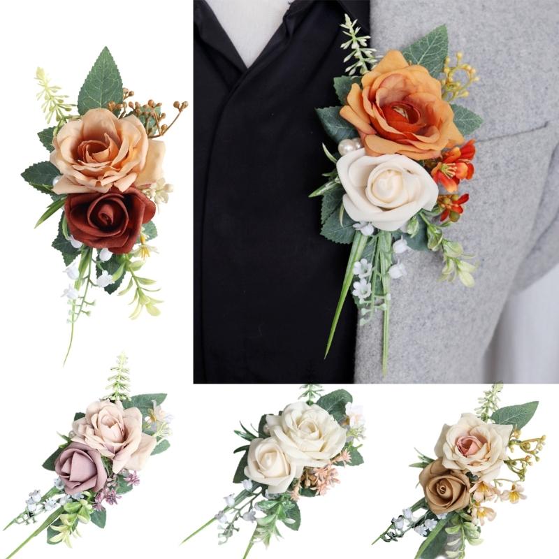 Handmade Flower Wristbands Wrist Flower Realistic Rose Boutonniere for Bridesmaid and Event Decoration Optional Color