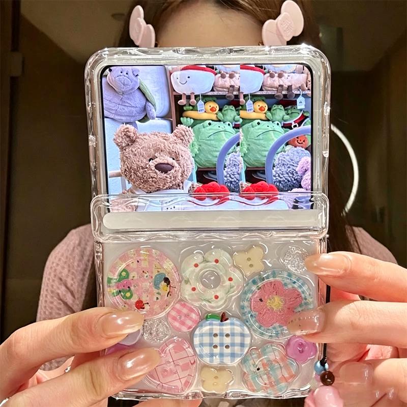 For Samsung Z Flip 7 6 5 Case Cute 3d Flower Flip Phone Case for Xiaomi Mix Flip Cases Transparent Cover with Kawaii Wrist Chain