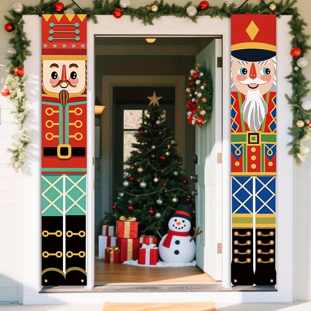 1 Pair of Nutcracker Christmas Door Banner - Polyester, Festive Holiday Decor with Snowman and Christmas Tree, Ideal for Indoor/Outdoor Porch Decorati