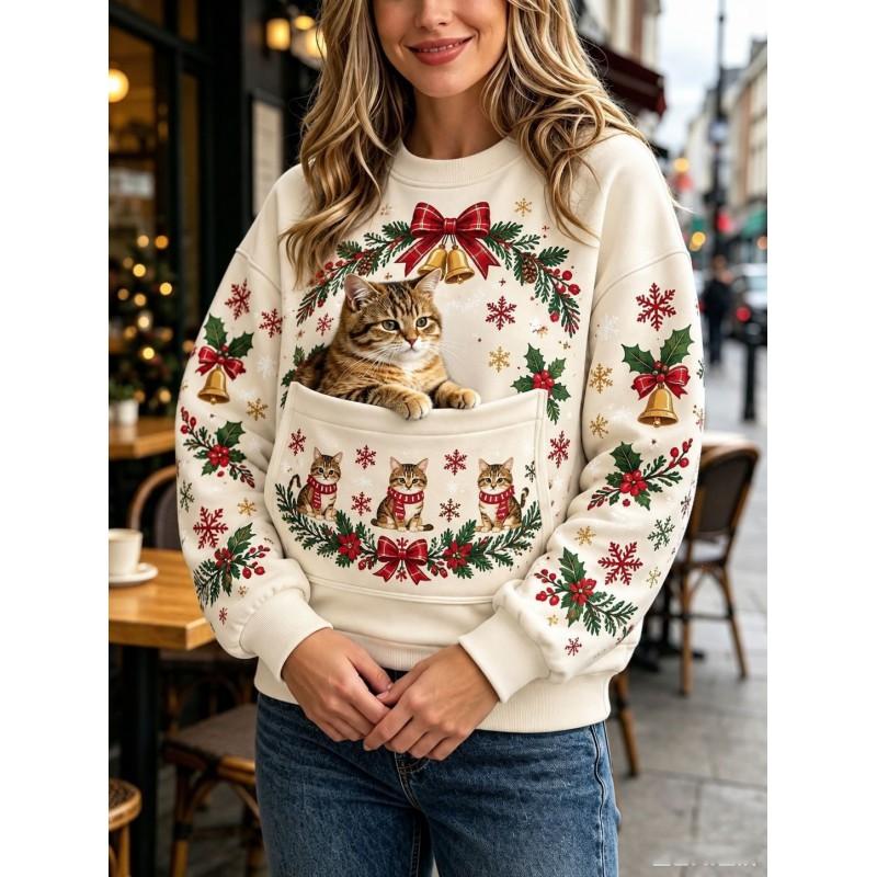 Christmas Cat Pocket Print Sweatshirt Retro Long Sleeve Top Holiday