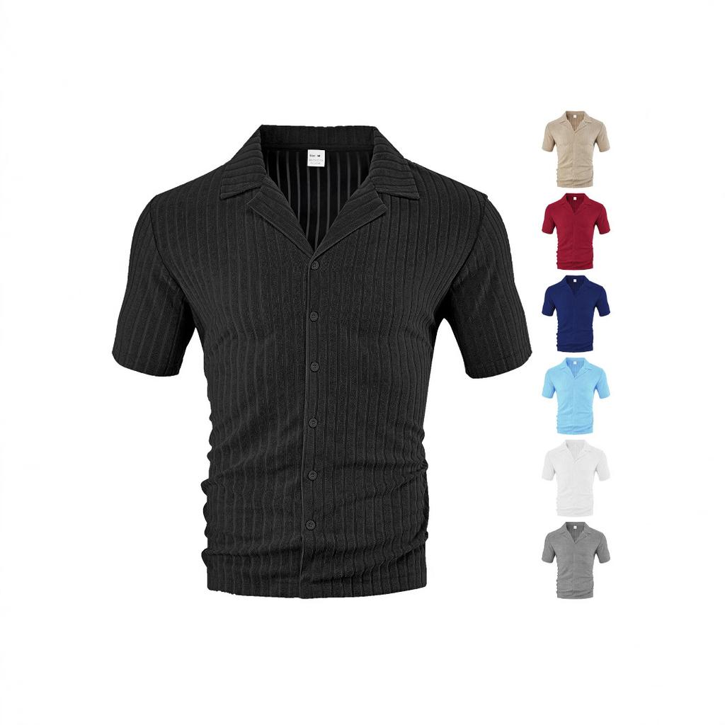 European Size Men's Clothing Summer Loose Casual Breathable Lapel Cardigan Solid Color Towel Jacquard Cloth Short-sleeved Men's Shirt