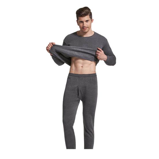 2 Pcs/Set Winter Men Thermal Underwear Set Round Neck Long Sleeve Warm Thick Pure Color Slim Fit Elastic Open Crotch Men Pajamas Set Homewear Clothing