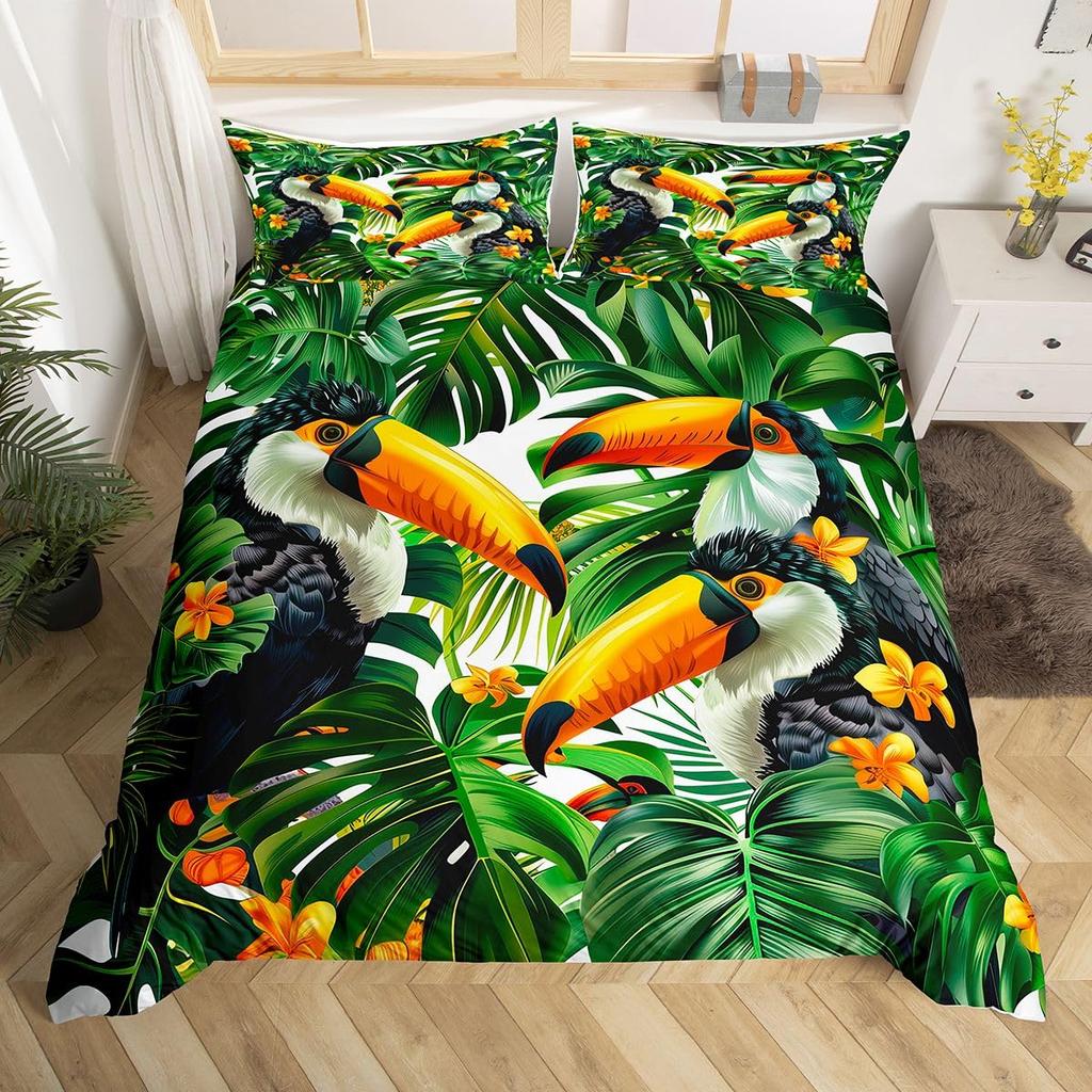 Toucan Bedding Set Palm Leaves Duvet Cover Twin For Boys Girls Tropical Jungle Birds Comforter Cover Botanical Bedspread Cover