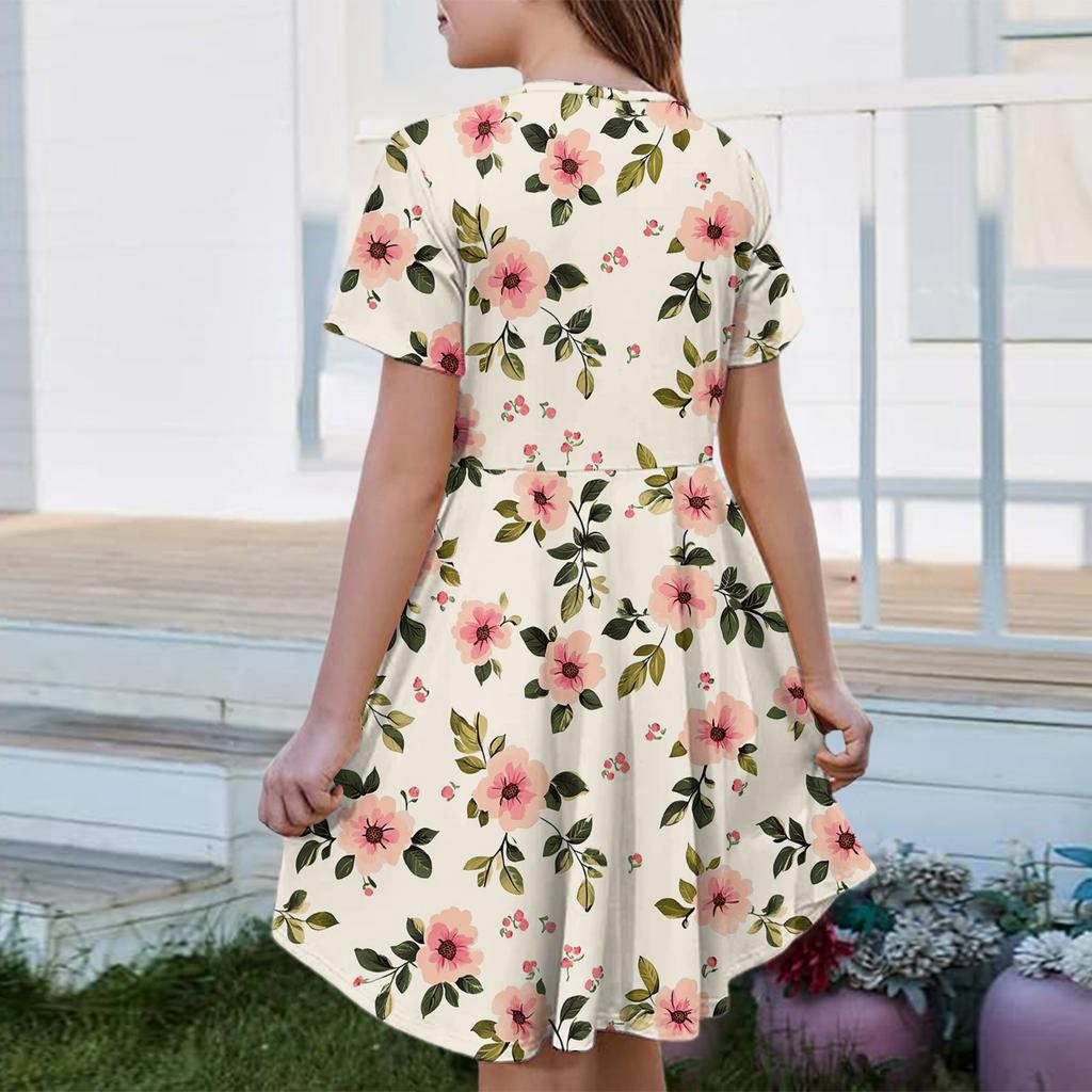 Girl Summer Dress Color & Print Short Sleeve Dress With Pocket Casual Dress Shorts Sleeve Party Dress Easter Day