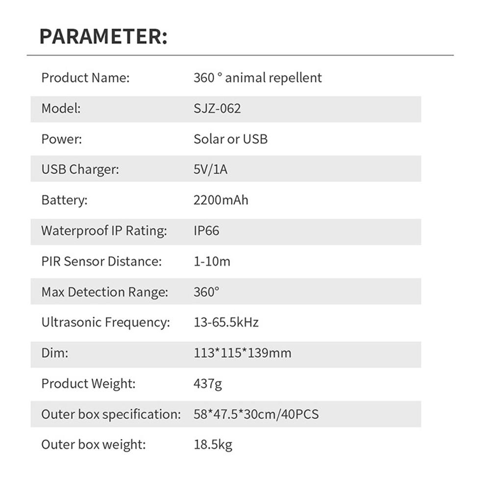 Solar Animal Repeller 360 Degrees  Ultrasonics Rodent Repellent Waterproof with PIR Sensor 5 Modes for