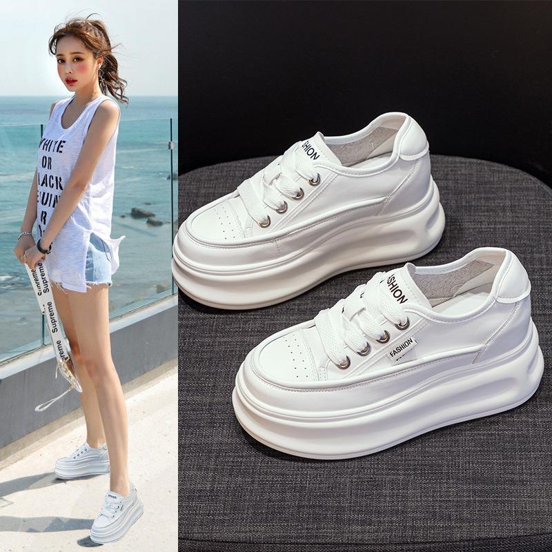 Small size inner height increase women's shoes autumn new leather 7 thick sole small man shows long legs casual white shoes