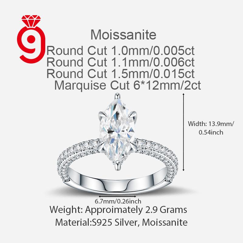 Elegant Elongated Marquise Solitaire S925 Silver VVS Moissanite Half Pave Polished for Daily&party GRA Certified Moissanite Ring