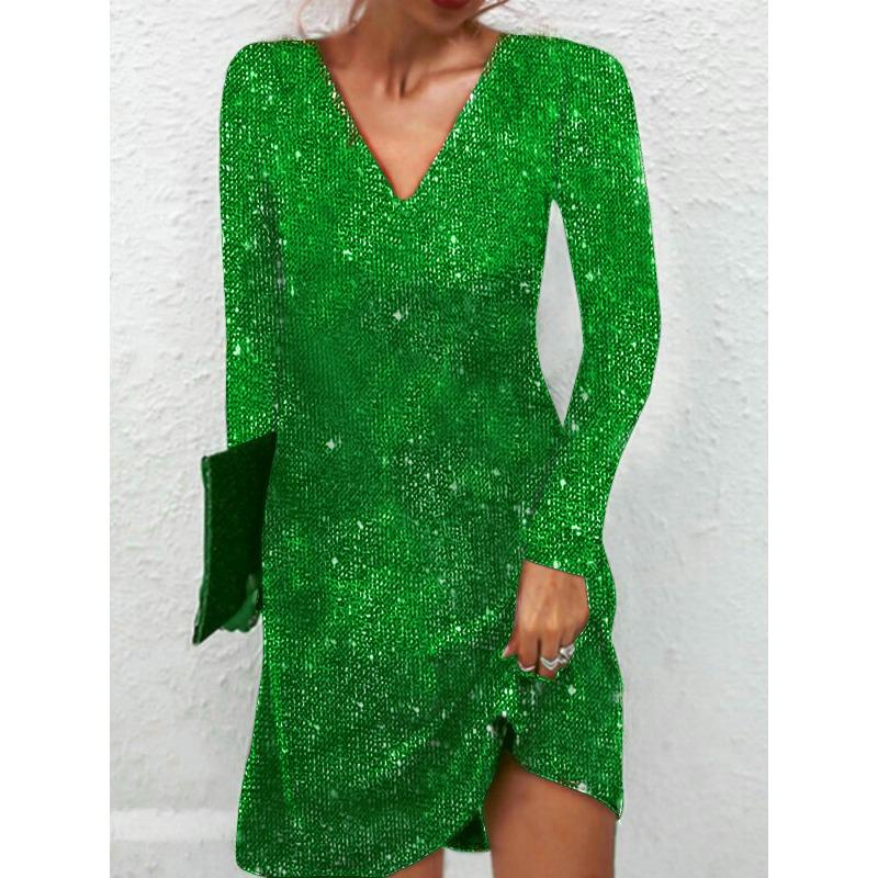 

JPNTKY Fashion Autumn Winter Solid Color Print Long Sleeve V-Neck Casual Dresses International design XXXL зелений