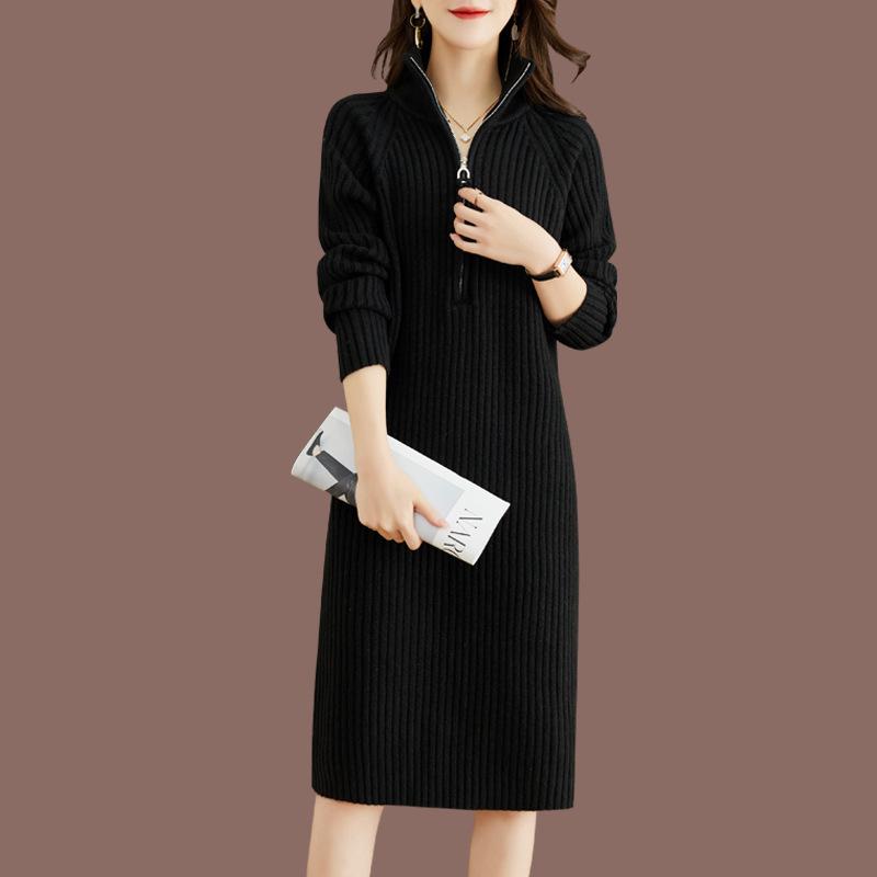 Mid-length Half-zipper Loose Casual Long-sleeve Stand Collar Knitted Dress Sweater