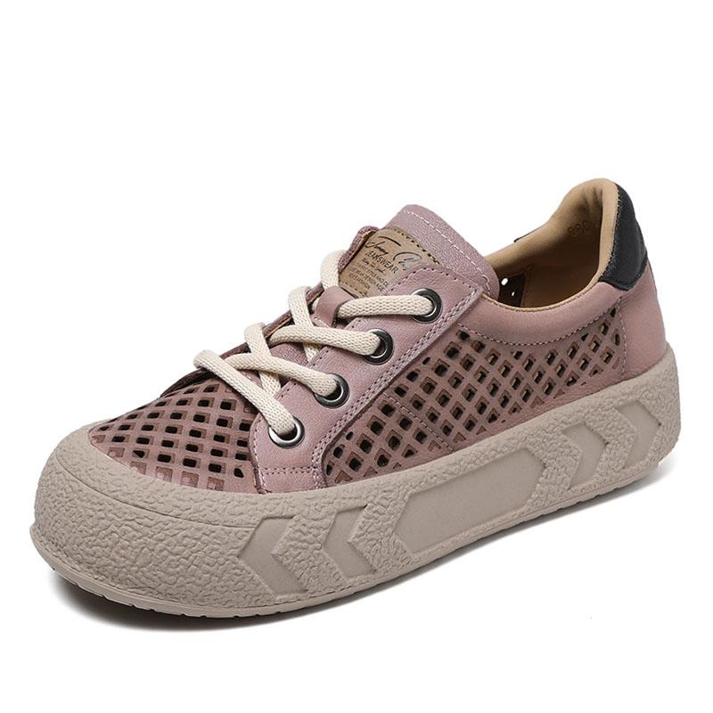 Fashion Fashion Women Flat Platform Shoes Summer Hollow Out Breathable Lace-Up Casual Sneakers Women Versatile Board Shoes Beige