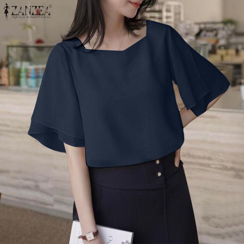 ZANZEA Dámská ležérní halenka s kulatým výstřihem, volánky a polovičním rukávem