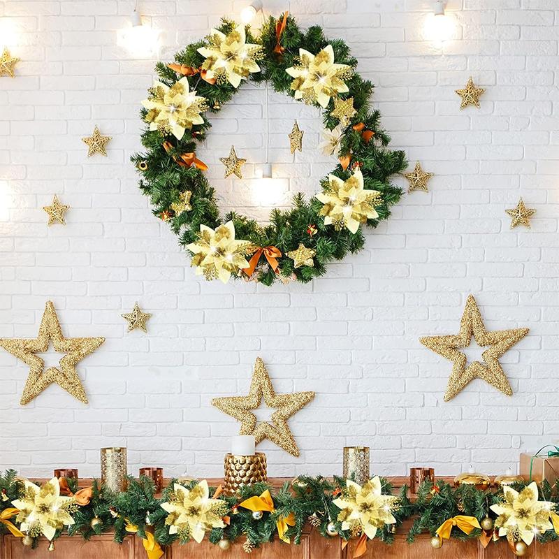 2/5Pcs 14cm Glitter Artifical Christmas Flowers Mreey Christmas Tree Decor Happy New Year Ornaments Xmas Fake Flowers Natal