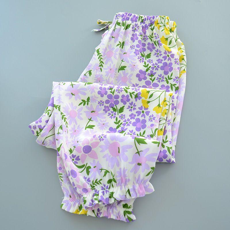 Summer Girls  Cotton and Silk Mosquito Proof Pants Thin and Versatile Children s Floral Lantern Pants Artificial Cotton Casual Pants 100