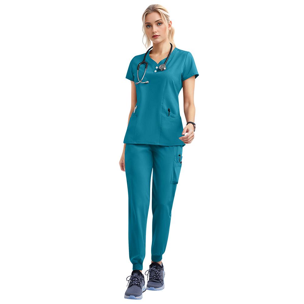 Conjunto de Pijama Cirúrgico Feminino de Manga Curta Stretch e Avental Cirúrgico de Isolamento para Uso Médico e Odontológico