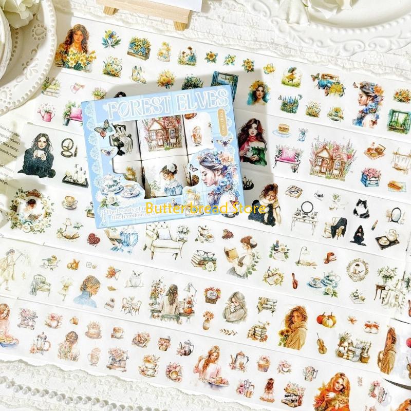 W89C 6Rolls Scrapbooking Decorative Tape 50mmX2M Scenic Sticker Tape for Notebook Journal Photo Album Craft Embellishments