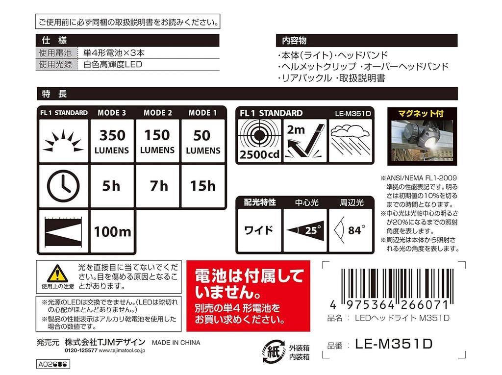 TJM Design Tajima LED Headlight M351D Maximum brightness 350 lumens LE-M351D