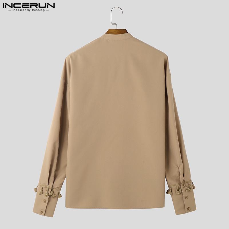 INCERUN Men Mockneck Long Sleeve Shirts Oversized Loose Hollow Out Lace Up Tops