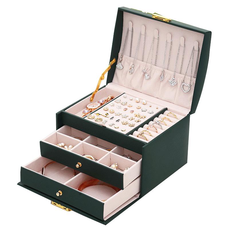 Simple Three-layer Leather Drawer Jewelry Box, Earrings, Jewelry Storage Box, Earrings, Earrings, and Locked Jewelry Box.