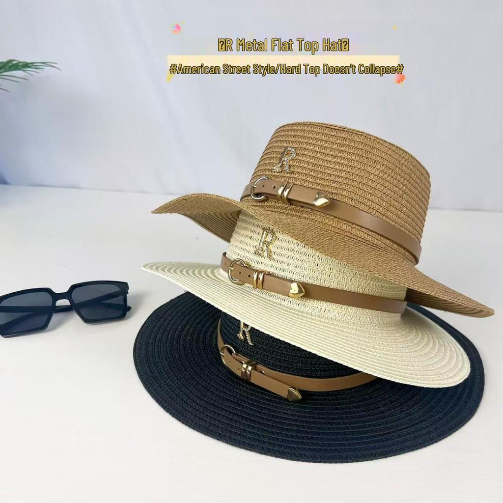 Women's Summer French Retro Straw Hat with Rhinestone 'R'