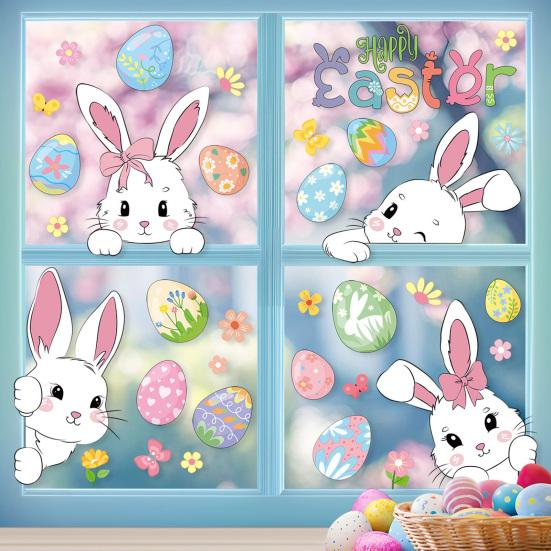 6 Sheets Easter Bunny Window Cling Removable Waterproof PVC Flower Colorful Egg Rabbit Static Glass Sticker Spring Easter Holiday Decoration Decal