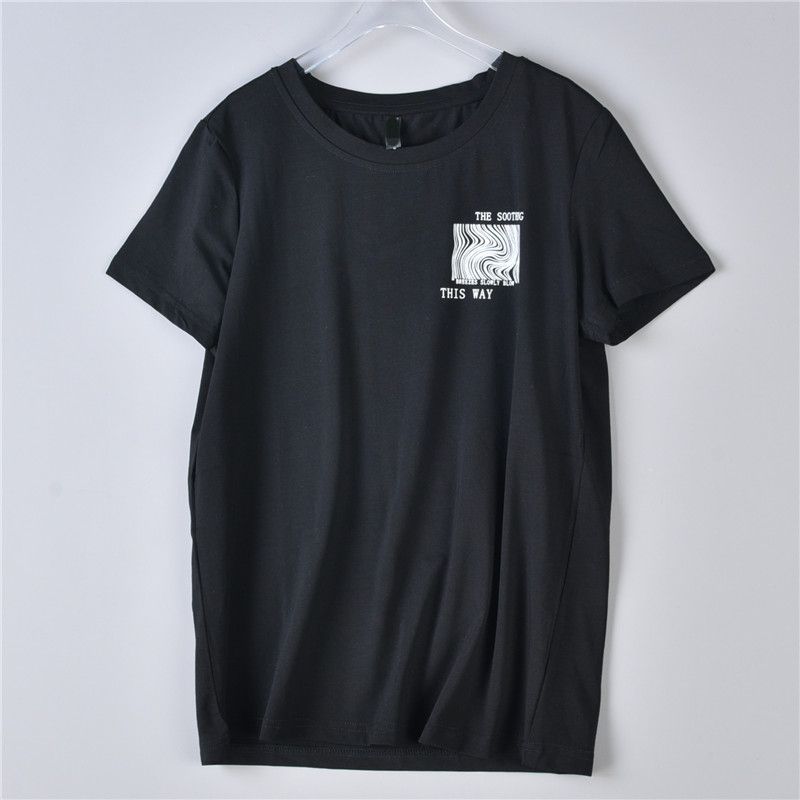 

76 K-style Black Pure Cotton Short-Sleeved T-shirt Female 74406 Summer New Arrival Print Straight All-Matching Casual Pullover 1 Black S