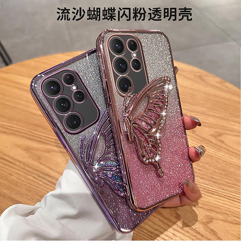 Applicable to Samsung S25ULTRA mobile phone case A05 electroplating glitter NOTE20 diamond-encrusted quicksand butterfly bracket A53 set