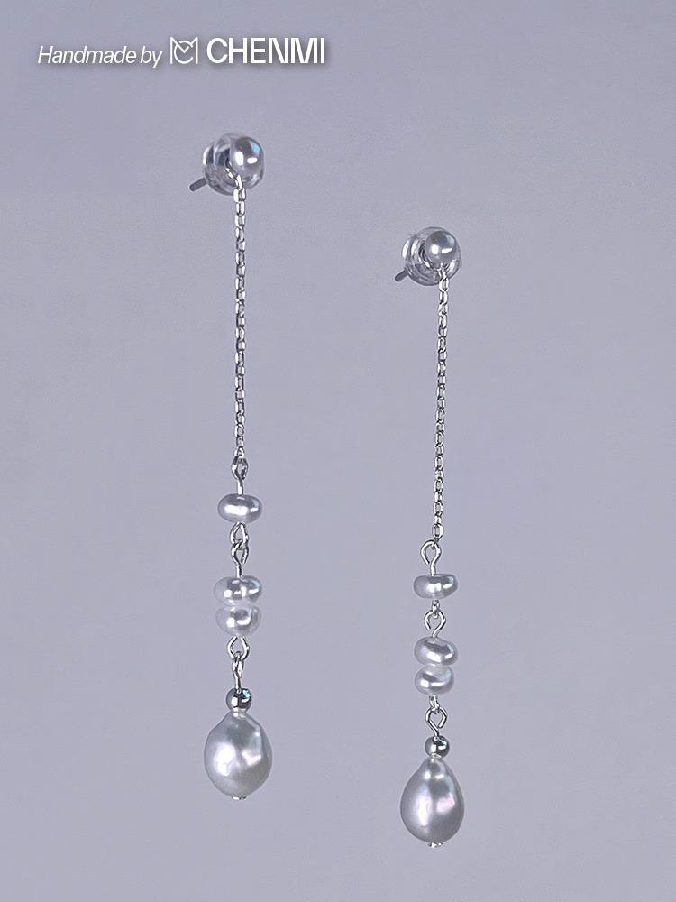 

CHENMI | Niche Cool Premium Natural Baroque Pearl Skinny Long Earrings Earline Earrings Silver