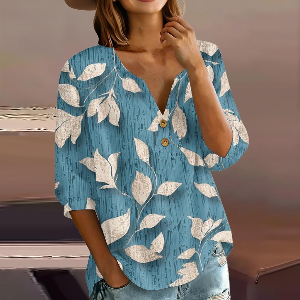 Women’s Casual Floral Print Henley Neck Cotton Linen Shirt Three Quarter Sleeve Button Front Loose Fit Blouse Top